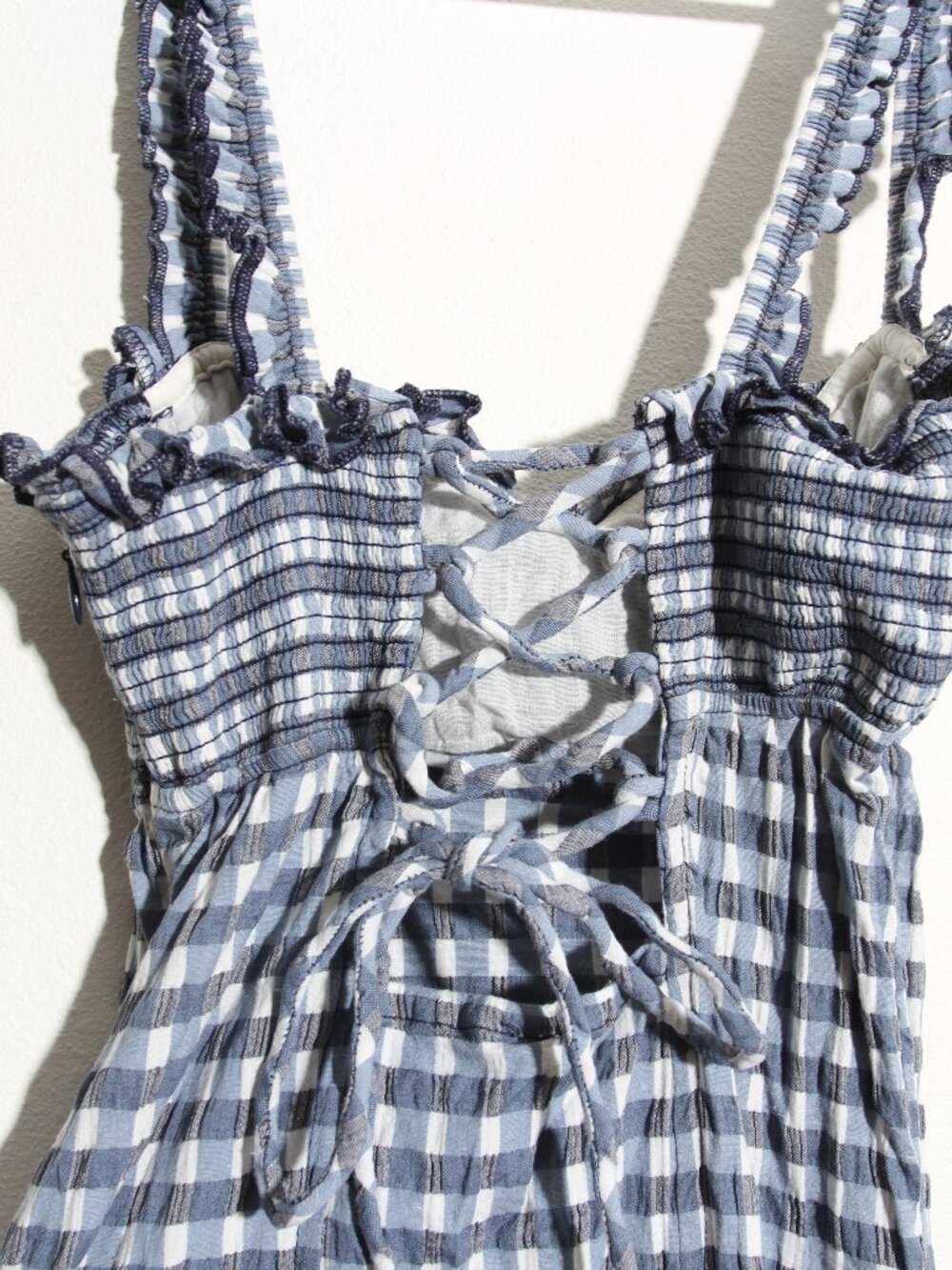 Free People Lucinda Gingham Midi Dress Indigo Combo Blue Lace-Up Back Size XS - Picture 11 of 16